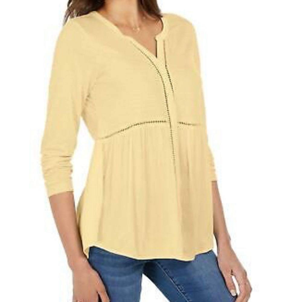 Style & Co Womens Button Up V-Neck Mixed Woven Top Lemon Meringue S